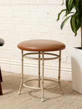 Load image into Gallery viewer, Vintage Bamboo-Style Metal Stool with Cognac Upholstered Seat
