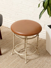 Load image into Gallery viewer, Vintage Bamboo-Style Metal Stool with Cognac Upholstered Seat
