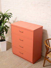 Load image into Gallery viewer, Vintage Postmodern Burnt Orange Four-Drawer Highboy Dresser with Brass Hardware jewelry top

