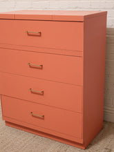 Load image into Gallery viewer, Vintage Postmodern Burnt Orange Four-Drawer Highboy Dresser with Brass Hardware jewelry top
