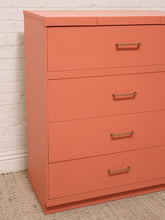 Load image into Gallery viewer, Vintage Postmodern Burnt Orange Four-Drawer Highboy Dresser with Brass Hardware jewelry top
