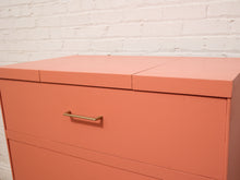 Load image into Gallery viewer, Vintage Postmodern Burnt Orange Four-Drawer Highboy Dresser with Brass Hardware jewelry top
