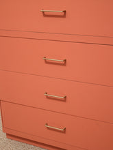 Load image into Gallery viewer, Vintage Postmodern Burnt Orange Four-Drawer Highboy Dresser with Brass Hardware jewelry top

