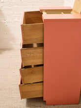 Load image into Gallery viewer, Vintage Postmodern Burnt Orange Four-Drawer Highboy Dresser with Brass Hardware jewelry top

