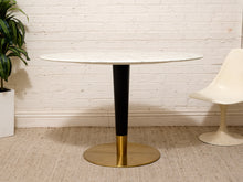 Load image into Gallery viewer, Modern Oval Faux Marble Dining Table with Black and Brass Pedestal Base
