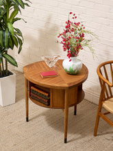 Load image into Gallery viewer, Vintage Brown Saltman Mid-Century Modern Round Walnut Side Table with Geometric Top
