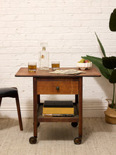 Load image into Gallery viewer, Vintage Oak Rolling Side Table Cart with Drawer and Lower Shelf
