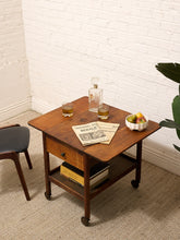 Load image into Gallery viewer, Vintage Oak Rolling Side Table Cart with Drawer and Lower Shelf

