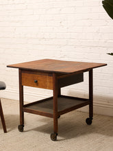Load image into Gallery viewer, Vintage Oak Rolling Side Table Cart with Drawer and Lower Shelf
