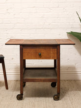 Load image into Gallery viewer, Vintage Oak Rolling Side Table Cart with Drawer and Lower Shelf
