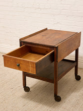 Load image into Gallery viewer, Vintage Oak Rolling Side Table Cart with Drawer and Lower Shelf
