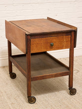 Load image into Gallery viewer, Vintage Oak Rolling Side Table Cart with Drawer and Lower Shelf
