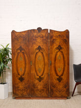 Load image into Gallery viewer, Vintage Art Deco Burl Wood Wardrobe Armoire with Hand-Painted Botanical Doors
