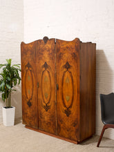 Load image into Gallery viewer, Vintage Art Deco Burl Wood Wardrobe Armoire with Hand-Painted Botanical Doors
