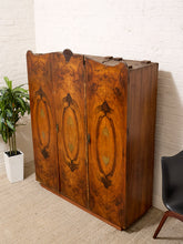 Load image into Gallery viewer, Vintage Art Deco Burl Wood Wardrobe Armoire with Hand-Painted Botanical Doors
