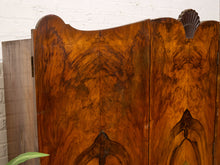 Load image into Gallery viewer, Vintage Art Deco Burl Wood Wardrobe Armoire with Hand-Painted Botanical Doors
