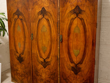 Load image into Gallery viewer, Vintage Art Deco Burl Wood Wardrobe Armoire with Hand-Painted Botanical Doors
