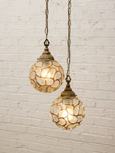 Load image into Gallery viewer, Pair of Vintage Faceted Glass Globe Pendant Lights with Ornate Brass Caps
