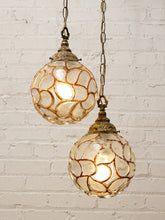 Load image into Gallery viewer, Pair of Vintage Faceted Glass Globe Pendant Lights with Ornate Brass Caps
