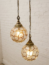 Load image into Gallery viewer, Pair of Vintage Faceted Glass Globe Pendant Lights with Ornate Brass Caps
