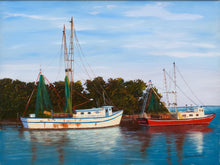 Load image into Gallery viewer, Vintage Coastal Harbor Painting with Shrimp Boats
