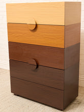 Load image into Gallery viewer, Modern Two-Tone Wood Five-Drawer Tall Dresser with Sculptural Half-Moon Pulls
