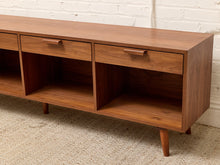 Load image into Gallery viewer, Boston Handcrafted, Walnut Low Credenza with Drawers and Open Storage
