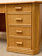 Load image into Gallery viewer, Vintage Coastal Rattan Writing Desk with Woven Drawer Fronts
