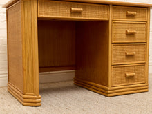 Load image into Gallery viewer, Vintage Coastal Rattan Writing Desk with Woven Drawer Fronts
