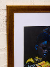 Load image into Gallery viewer, Blue Reflection Framed Portrait Painting with Glasses and Yellow Accents
