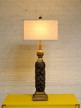 Load image into Gallery viewer, Vintage Hand-Carved Acanthus Wood Table Lamp with Linen Box Shade
