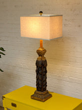 Load image into Gallery viewer, Vintage Hand-Carved Acanthus Wood Table Lamp with Linen Box Shade
