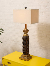 Load image into Gallery viewer, Vintage Hand-Carved Acanthus Wood Table Lamp with Linen Box Shade
