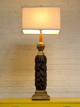 Load image into Gallery viewer, Vintage Hand-Carved Acanthus Wood Table Lamp with Linen Box Shade
