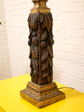 Load image into Gallery viewer, Vintage Hand-Carved Acanthus Wood Table Lamp with Linen Box Shade
