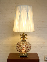 Load image into Gallery viewer, Vintage Faceted Glass Globe Table Lamp with Brass Base and Pleated Shade
