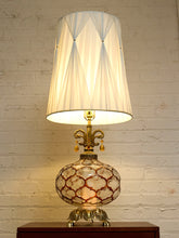Load image into Gallery viewer, Vintage Faceted Glass Globe Table Lamp with Brass Base and Pleated Shade

