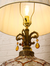 Load image into Gallery viewer, Vintage Faceted Glass Globe Table Lamp with Brass Base and Pleated Shade
