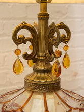 Load image into Gallery viewer, Vintage Faceted Glass Globe Table Lamp with Brass Base and Pleated Shade
