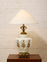 Load image into Gallery viewer, Vintage Iridescent Opaline Glass Table Lamp with Ornate Brass Base
