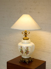 Load image into Gallery viewer, Vintage Iridescent Opaline Glass Table Lamp with Ornate Brass Base

