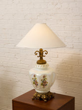 Load image into Gallery viewer, Vintage Iridescent Opaline Glass Table Lamp with Ornate Brass Base

