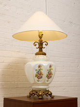 Load image into Gallery viewer, Vintage Iridescent Opaline Glass Table Lamp with Ornate Brass Base
