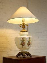 Load image into Gallery viewer, Vintage Iridescent Opaline Glass Table Lamp with Ornate Brass Base
