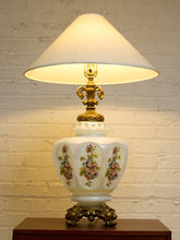 Load image into Gallery viewer, Vintage Iridescent Opaline Glass Table Lamp with Ornate Brass Base
