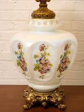 Load image into Gallery viewer, Vintage Iridescent Opaline Glass Table Lamp with Ornate Brass Base
