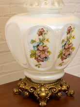 Load image into Gallery viewer, Vintage Iridescent Opaline Glass Table Lamp with Ornate Brass Base
