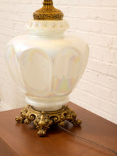 Load image into Gallery viewer, Vintage Iridescent Opaline Glass Table Lamp with Ornate Brass Base
