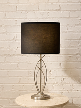 Load image into Gallery viewer, Modern Sculptural Silver Table Lamp with Black Drum Shade
