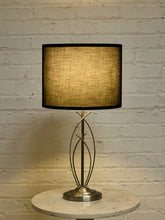 Load image into Gallery viewer, Modern Sculptural Silver Table Lamp with Black Drum Shade
